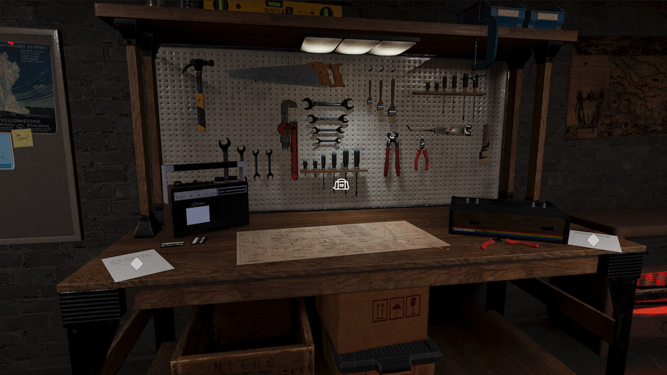 A screenshot showing a crowded workbench in a garage.