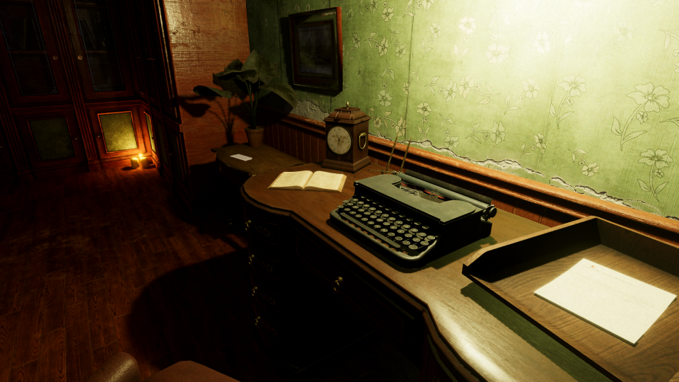 A screenshot showing a typewriter on an old wooden desk.