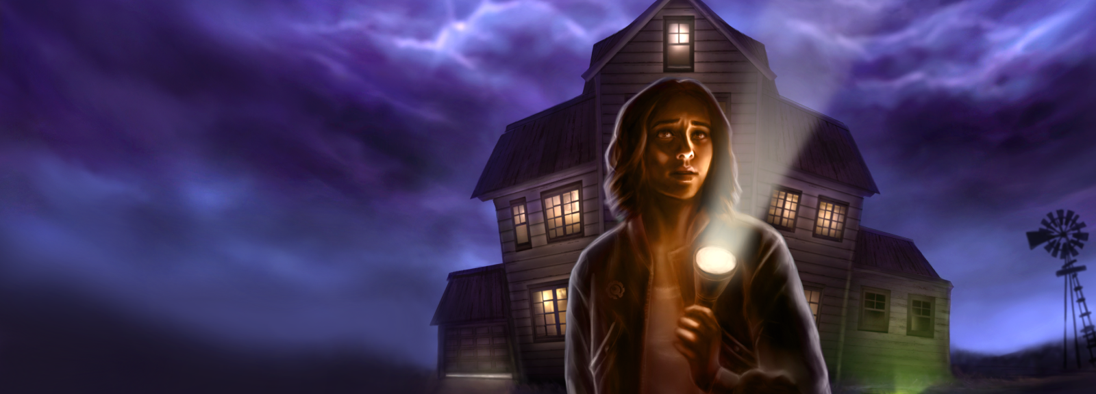 Key art for The Haunting of Joni Evers featuring an illustration of Joni holding a flashlight and looking concerned in front of the Cunningham House.