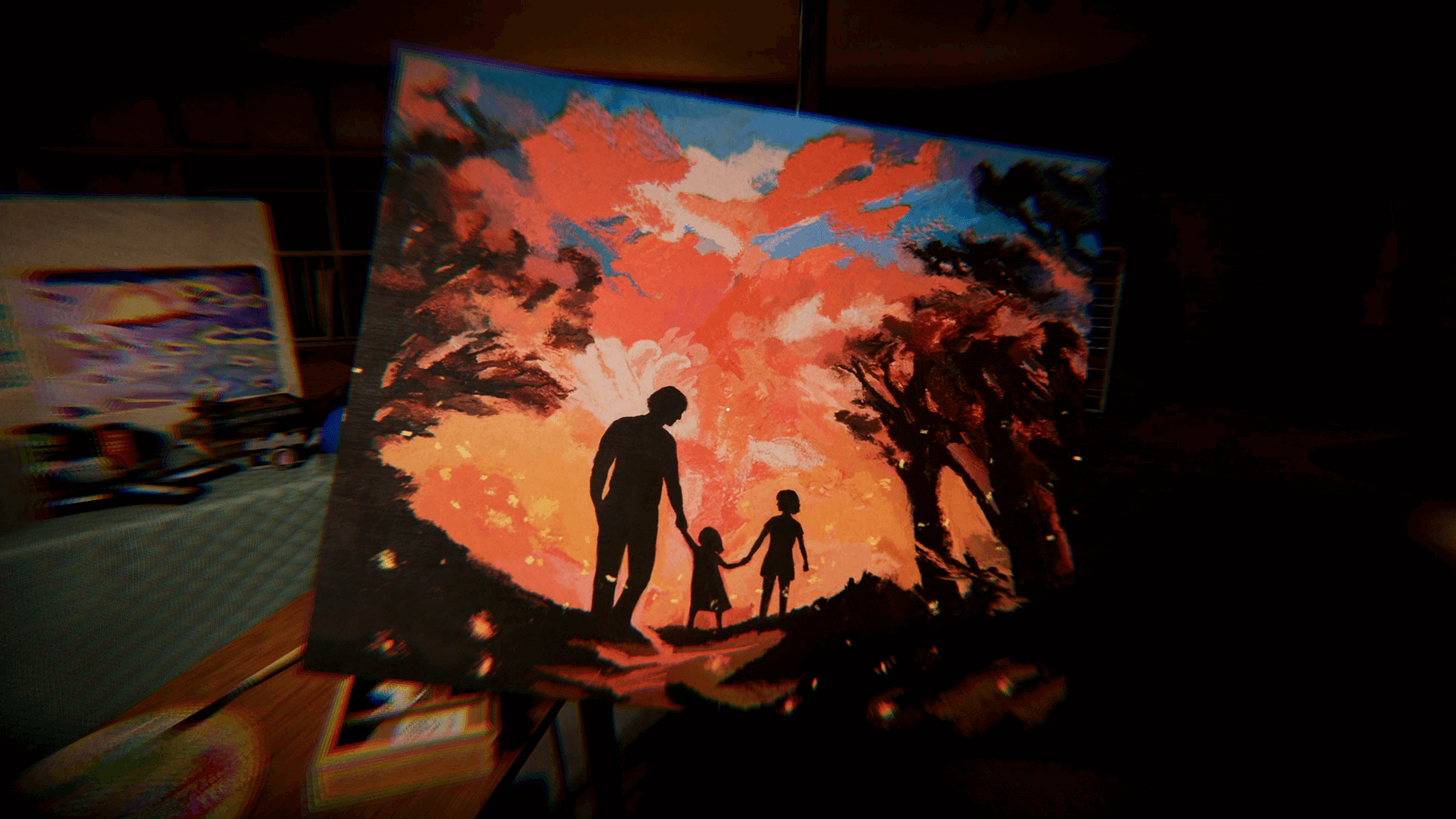 A screenshot holding up a watercolor painting of a man and two daughters on a forest path.