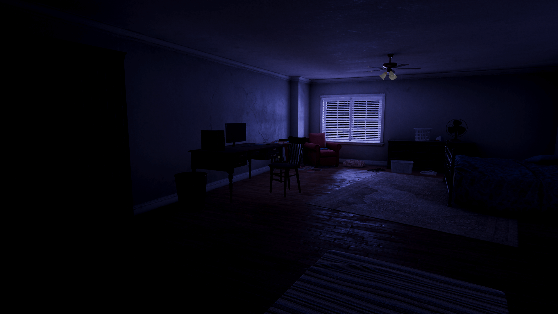 A screenshot of a start bedroom only lit by the light of the moon through a window on the far wall.